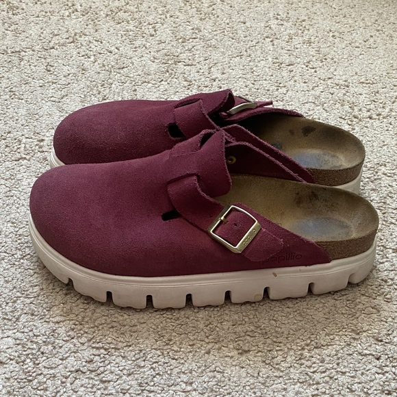 Birkenstock Shoes - Birkenstock Papillio 41 Women's Burgundy Suede Buckle Platform Clogs Mules